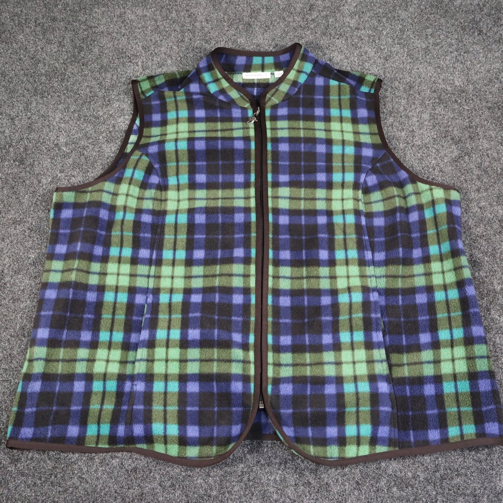 Susan Graver Plaid Fleece Vest Womens 2X Green Blue Full Zip Pockets Mock Neck